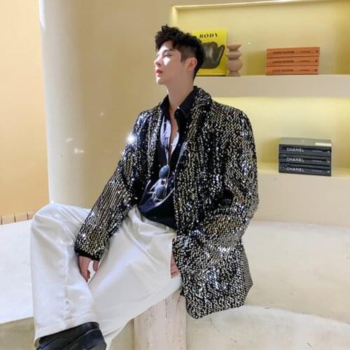 Silver Black Shining Sequins Suit Blazers Jacket Evening Party Stage Performance Mens Suit Coat Tide Singer Nightclub Costume