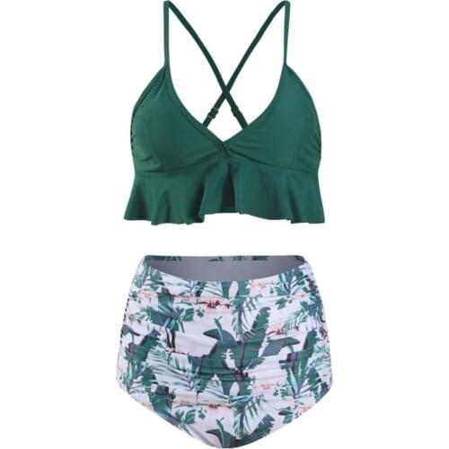 Ruffled Bra Flower Leaves Print High Waist Women Bikini Set Two-piece Swimsuit