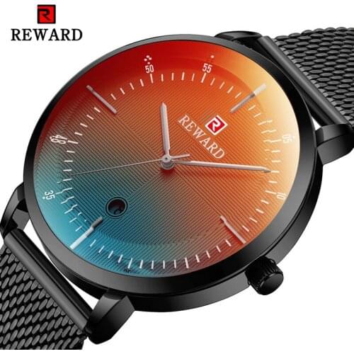 Mens Watches Bright Color Changing Glass REWARD Waterproof Watch Top Brand Luxury Black Strap Fashion Original Clock Male