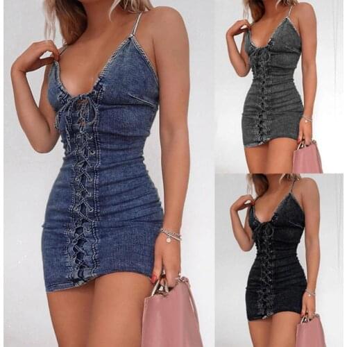 Hot Apparel Party Dress Women Sexy Deep V Neck Adjustable Spaghetti Straps Bandage Bodycon Denim Dress