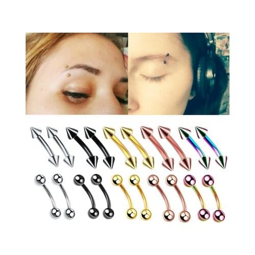MODRSA 2pcs/lot Double Spike Ball Eyebrow Ring Anodized Curved Barbell Eyebrow Ring Stainless Steel Helix Piercing Body Jewelry
