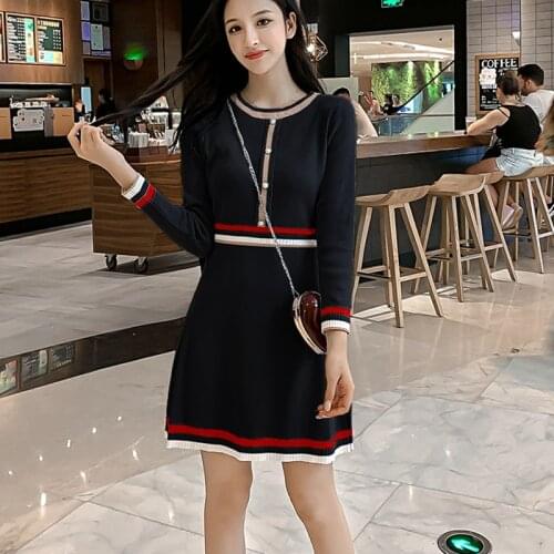 2020 Autumn Winter High quality Knitted Dresses Hit Color Long Sleeves Elegant Skinny Sweater Dress New Fashion Vestidos