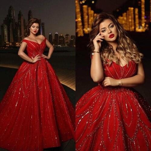 2020 Charming Red Prom Dresses with Sequins Off Shoulder A Line Plus Size Formal Evening Gowns Vestidos Longo Arabic Special