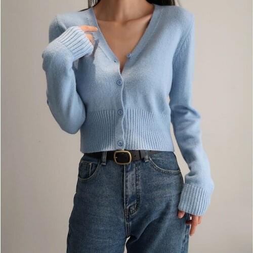 LJSXLS 2021 Single Breasted Long Sleeve knitting Womens Sweater Solid Short Crop Top Casual V-Neck Spring Autumn Women Clothing