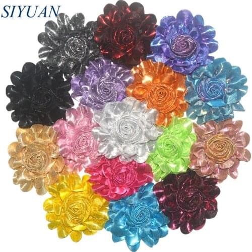 Wholesale 100pcs/lot Metallic Shiny Rolled Rosette Chiffon Flower Girl Boutique Hair Clip Accessories 20 Colors TH262