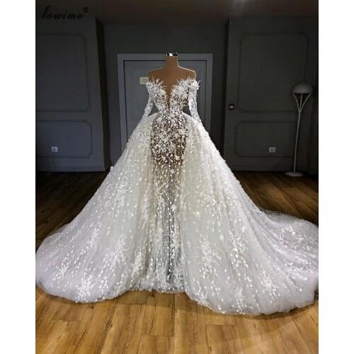 Luxury White Pearls Wedding Dresses 2020 Tow Pieces Illusion Wedding Party Gowns Long Sleeves Bride Dresses With Long Train