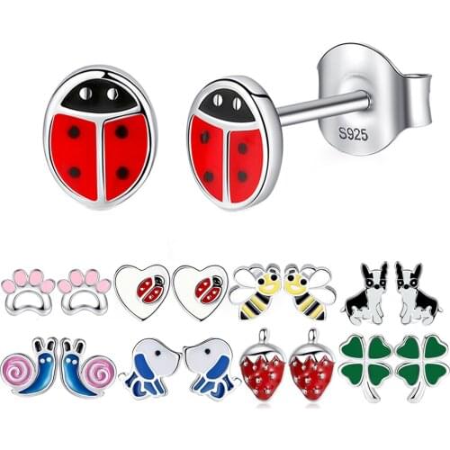 ELESHE Cute 925 Sterling Silver Earrings Enamel Animal Ladybug Bee Dog Small Stud Earrings for Kids Girls Baby Children Jewelry