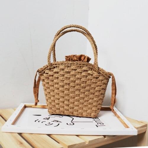 New Womens Hand-made Straw Woven Bag Seaside Photo Beach Bag Handbag with Drawstring Bag Summer Girls Gift Bag Shoulder Bag