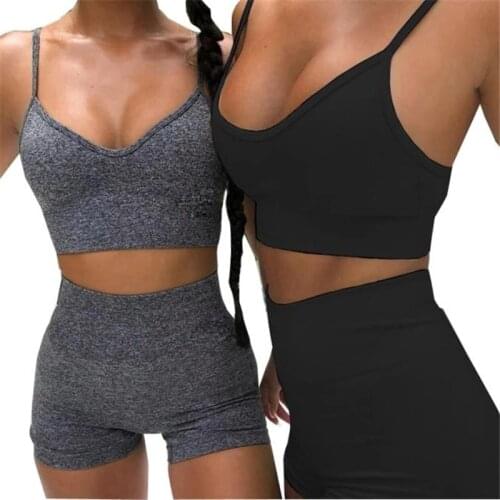 Fashion Sports Wear For women Clothing Workout Clothes set Bandage Sling Sleeveless Crop Top and Shorts 2Pcs Solid Sport Suit