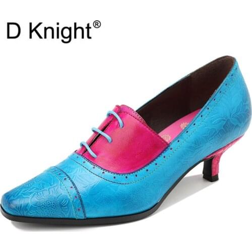 New Genuine Leather Retro Pumps Shoes Women Elegant Slip On Office Ladies Pumps Thin Heels Blue Red Color Matching Womens Shoes