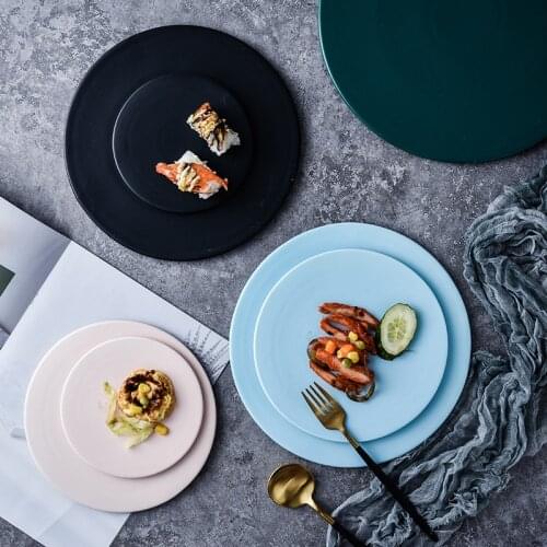 Round Flat Bottom Plate Hotel Ceramic Dinner Beef Tableware Solid Color Dessert Simple And Creative Sushi Dishes