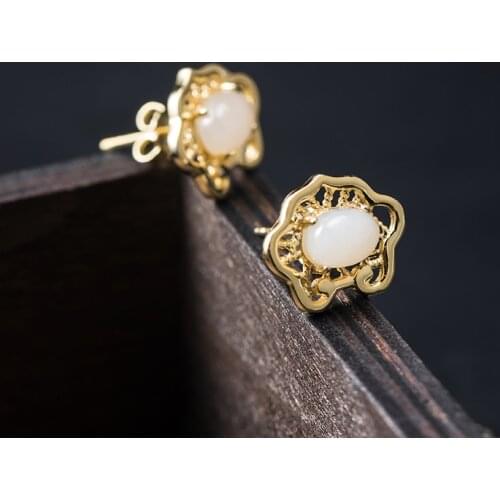 VLA 925 Sterling Silver Simple Gold-Plated Nephrite Cloud Stud Earrings Womens Creative Chinese Style lucky Earrings