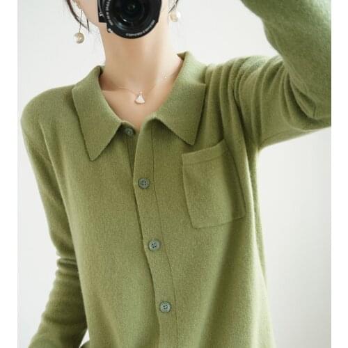 Knitted sweater womens cardigan 2021 spring and autumn long-sleeved 100% pure wool solid color coat and jacket ladies top