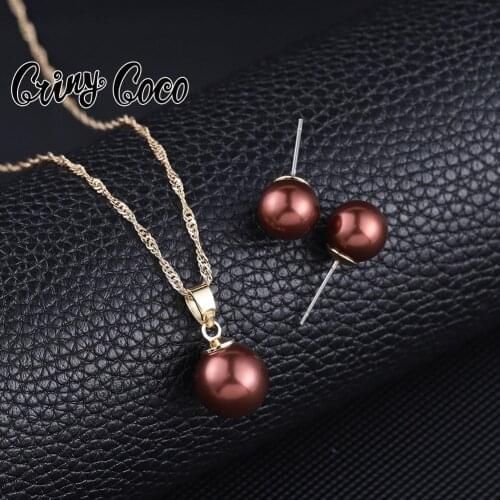 Cring Coco Pearl Jewelry Set Fashion Hawaiian Polynesian Gold Plated Stud Earrings Necklace Sets for Women Girls Valentines Day
