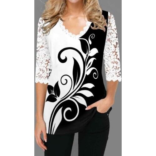 Lace Splice Women Blouse 2021 Autumn Boho Shirt Ladies V-neck Half Sleeve Blouse Shirt Casual Pullovers Tops Femme Blusa