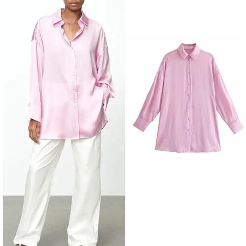 TRAF Summer Za 2021 Shirt Women Office Lady Long Sleeve Casual Tops Chic Patch Pink Shirts Fashion Buttoned Woman Blouse K71D626
