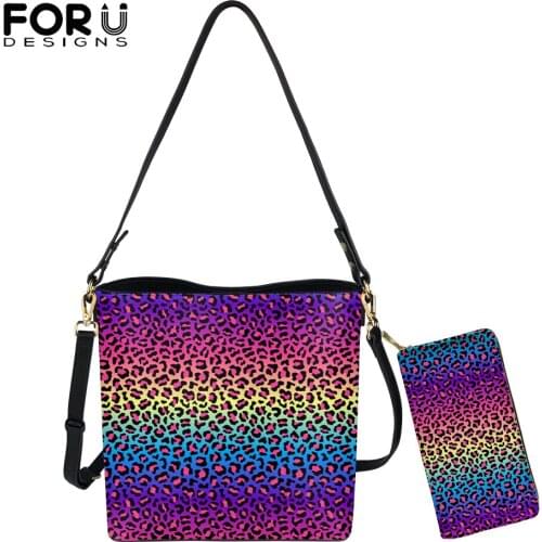 FORUDESIGNS Women Crossbody Bags With Purse Set Rainbow Color Leopard Pattern Print Lady PU Handbags Messenger Bolsa Femme