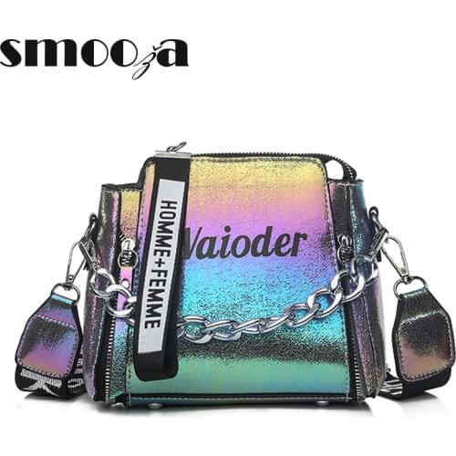 SMOOZA Laser Women Letter Shoulder Bag INS Popular Female Handbag Holiday Chain Bags For Lady Exquisite Crossbody Bucket Bag