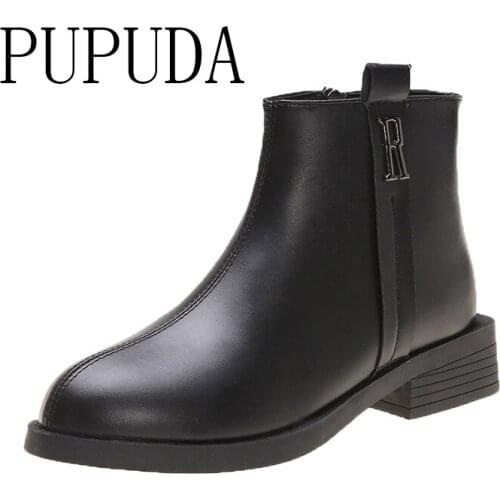 PUPUDA Chelsea Women Boots Autumn Casual Leather Boots Women Fashion Chunky Ankle Boots For Women 2020 Black Leather Shoes