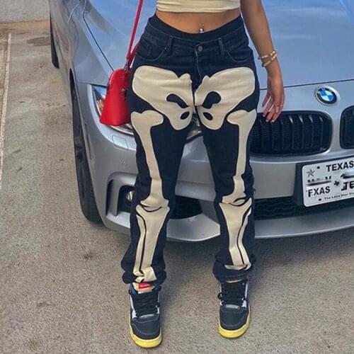 Women Y2K Gothic Skull Print Denim Pants Halloween Baggy Jeans Mid Waist Straight Trousers 90s Vintage E-girl Punk Streetwear