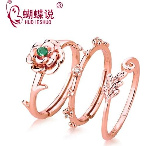 Women Fine Jewelry 925 Sterling Silver Rose Gold Wedding Rings Embellish the Emerald & Natural Ruby