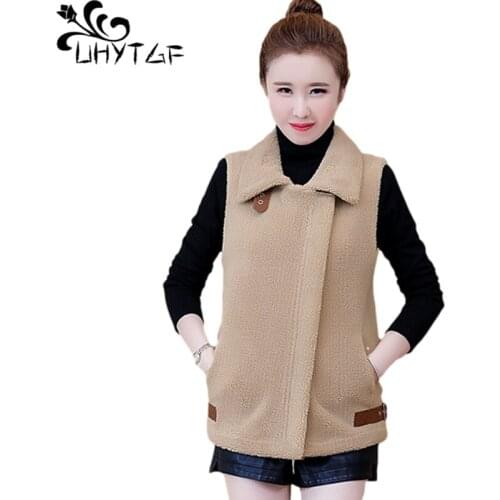 UHYTGF Lambswool Autumn Winter Vests For Women Fashion Zipper Sleeveless Casual Warm Short Jacket Loose Plus Size Waistcoat 1391