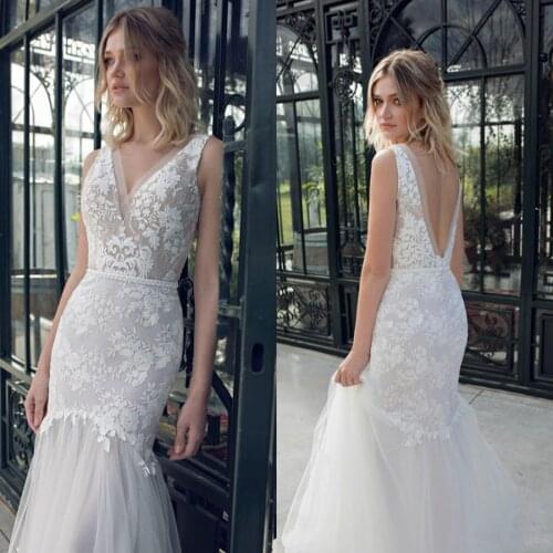 V-neck Applique Lace Backless Mermaid Wedding Dresses Sweep Train Tulle vestido de novia Bride Dress