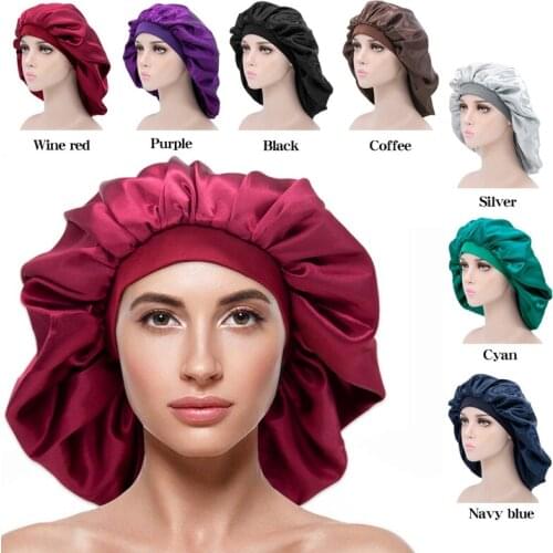 2021 Fashion Satin Silky Bonnet Sleep Cap with Premium Elastic Band For Women Solid Color Head Wrap Brimmed Nightcap Night Hat