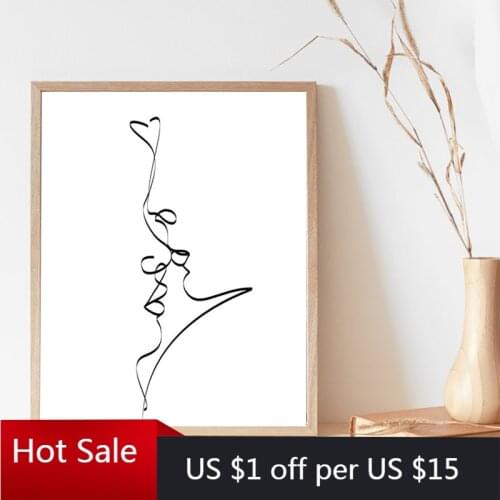 Abstract Couple Kiss Single Line Drawing Canvas Painting Print Love Black White Gifts Wall Art Decor Posters Aesthetic Room Deco