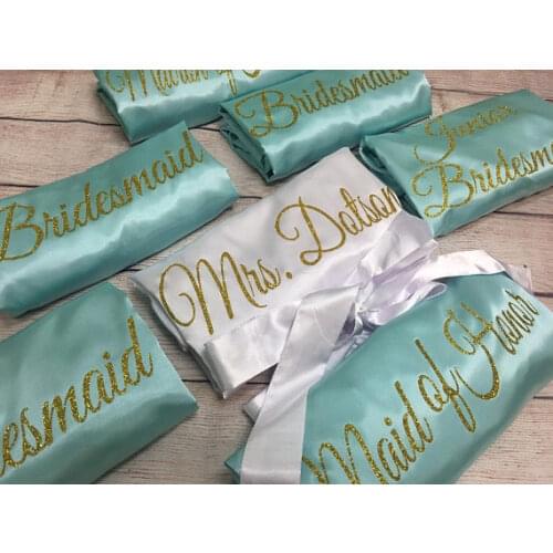 Personalized mint wedding Bachelorette Bridesmaid bride satin pajamas robes maid of honor kimonos gowns gifts party favors