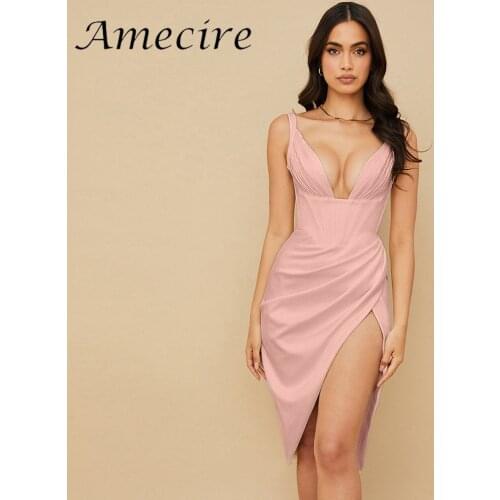 Amecire Satin Corset Dress Zipper Ruched Strappy Split Mini Party 2021 Prestigious Evening Women Dresses Traf Beach Dress