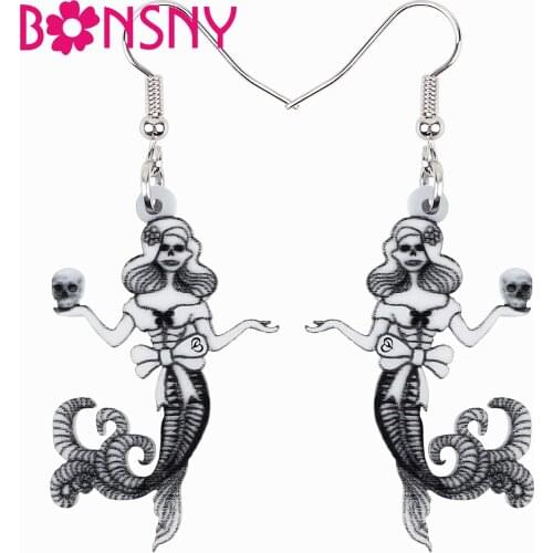 BONSNY Halloween Acrylic Elegant Fish Tail Skull Beauty Earrings Fashion Big Drop Dangle Magic Jewelry For Women Girls Gifts