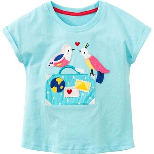 Little Maven New Summer Kids Clothing Short O-neck Lake Blue Cartoon Birds Applique Knitted Cotton Girls Casual Tshirts Tee