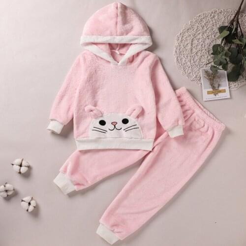 2Pcs Children Winter Loungewear Sets, Fleece Cartoon Rabbit Hooded Long Sleeves Tops + Pants Suit for Girls