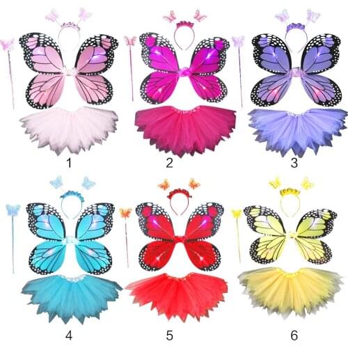Adult Kids 4Pcs Fairy Costume Set LED Simulation Butterfly Wings Pointed Tutu Skirt Headband Wand Princess Girls Party Dress Up