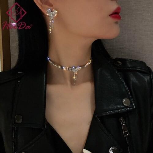 Korean Graceful Heart Jewelry Set Women Elegant Shiny Rhinestone Short Necklace Earrings Suit Lady Fashion Party Clavicle Chain