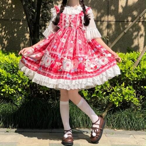 Strawberry Tea Party Lolita Kawaii Dresses Summer Japanese Sweet Cute Girl Vintage Rabbit Print Lace Sling Dress Vestidos 2021