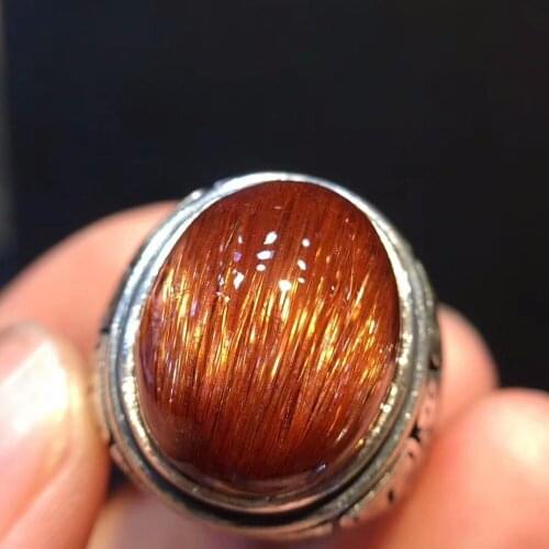 Natural Copper Rutilated Quartz Crystal Cat Eye Wedding Ring 18x14mm Oval Shape Adjustable Size Rings AAAAA