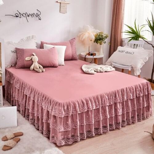 Solid Color Embroidered Sheets Lace Bed Skirt Brushed Queen Bedspread Romantic Bedding Set Luxury Mattress Cover with Pillowcase