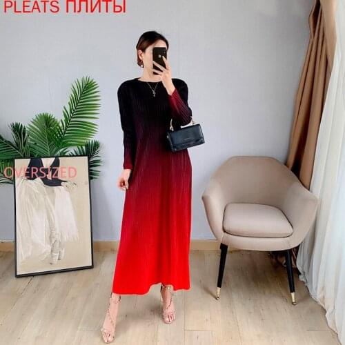 Miyake Pleated Dress Autumn New Loose Show Thin Large Size A-line Gradient Long Dress PLEATS Vestido Shein Elegantropa Mujer
