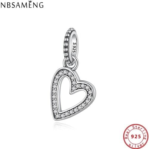 100% Original CZ 925 Sterling Silver Beads Love Heart Charms For Jewelry Fit Bracelet Necklace DIY Women