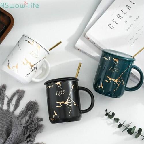 Nordic Style Marble Luxury Ceramic Mug Cup With Covered And Spoon Coffee Milk Tea Water Cups Business Office Home 350ml White