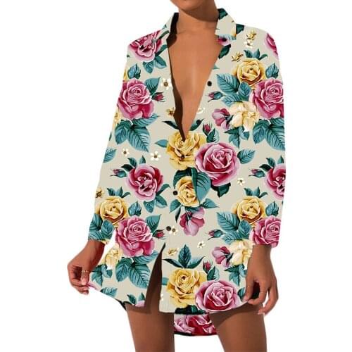 CJLM Flowers Casual Rose Pink Lady Shirts Yellow Leaves Long Sleeve Shirt Women Fashion Classic Clothes 3D Printing Pattern 5XL