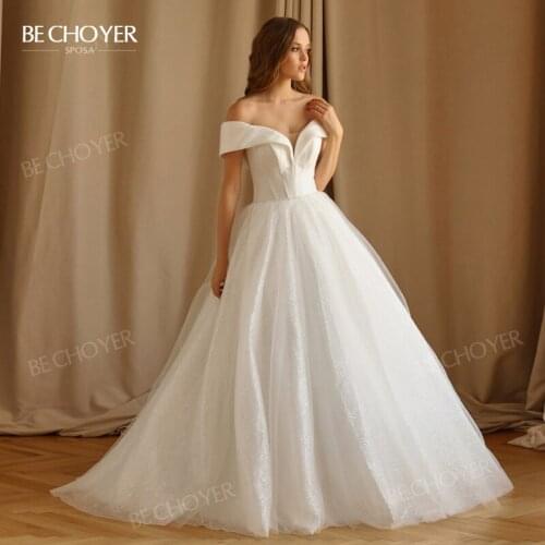 Wedding Dress Sleeveless A-Line Sweetheart Off Shoulder Crystal Belt Princess Bride Gown 2022 BECHOYER LY08 Vestido de Noiva