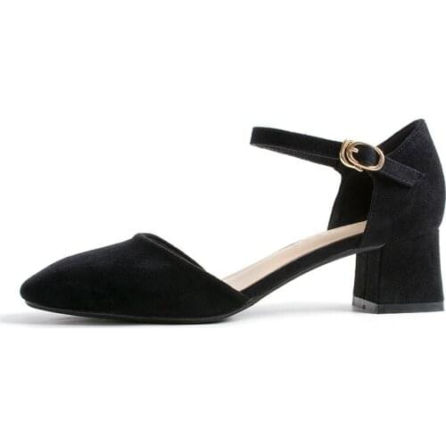 Women shoes High heels Female Thick with Hollow Single shoes Female mid heel Word buckle women pumps black Nude color Bean powde