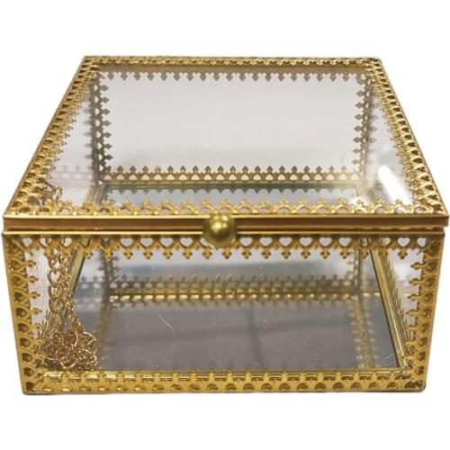 Ornate Gold Brass Vintage Glass Jewelry Box Lace Edged- Square Geometric Jewelry Display Organizer Keepsake Box Case Home