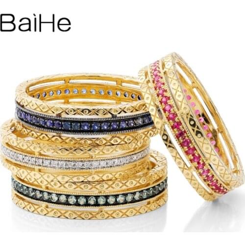 BAIHE Solid 14K Yellow + Black gold 0.15-0.18ct Round Natural Ruby/Sapphire/Emerald/Diamond Fine Jewelry Vintage Ring For Women