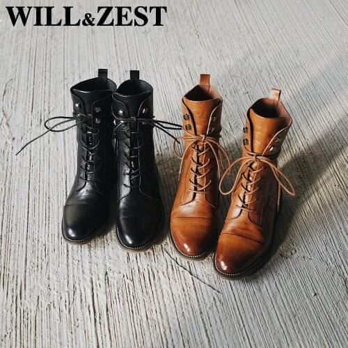 Will&Zest Dr Martins Woman Short Boots Punk Genuine Leather Shoes Gothic Cowboy Women Western Martins Black Heels Winter Booties