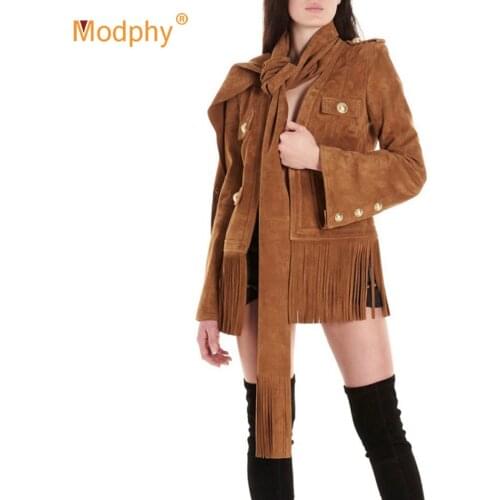 2020 New Autumn New Womens Suede Coat Jacket Fashion V-neck Long Sleeve Button Belt Fringe Jacket Womens Brown Cardigan Jacket