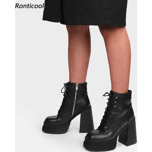 Ronticool New Fashion Women Winter Platform Ankle Boots Hoof Heels Round Toe Elegant Black Party Shoes Women Plus US Size 5-10.5